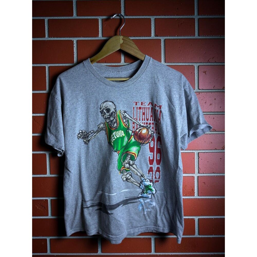 Liquid Blue Lithuania Basketball Team Skeleton Graphic T Shirt Men's Large Gray